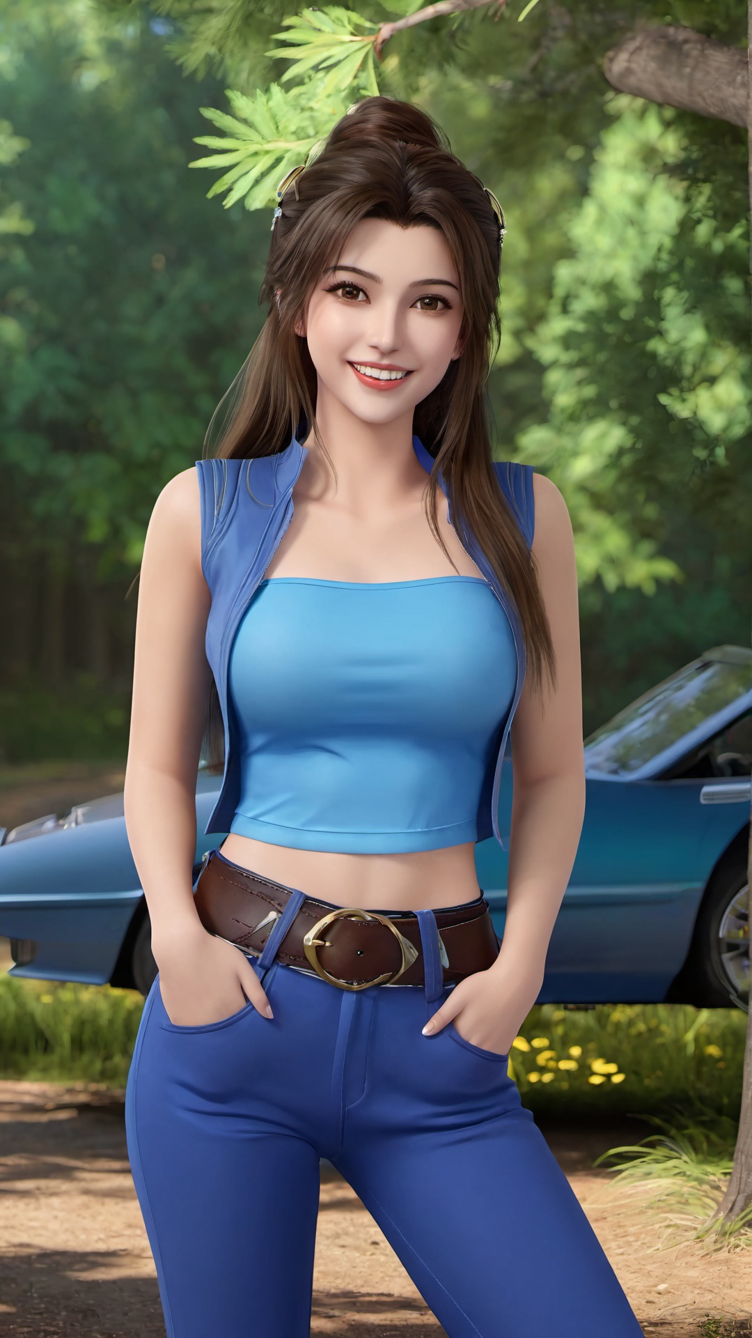 1girl,car,solo,motor vehicle,long hair,navel,ground vehicle,brown hair,belt,smile,brown eyes,outdoors,looking at viewer,realistic,tree,midriff,pants,tube top,photo background,vest,teeth,breasts,<lora:仙逆-王林-马良-李慕婉合一:0.83>,