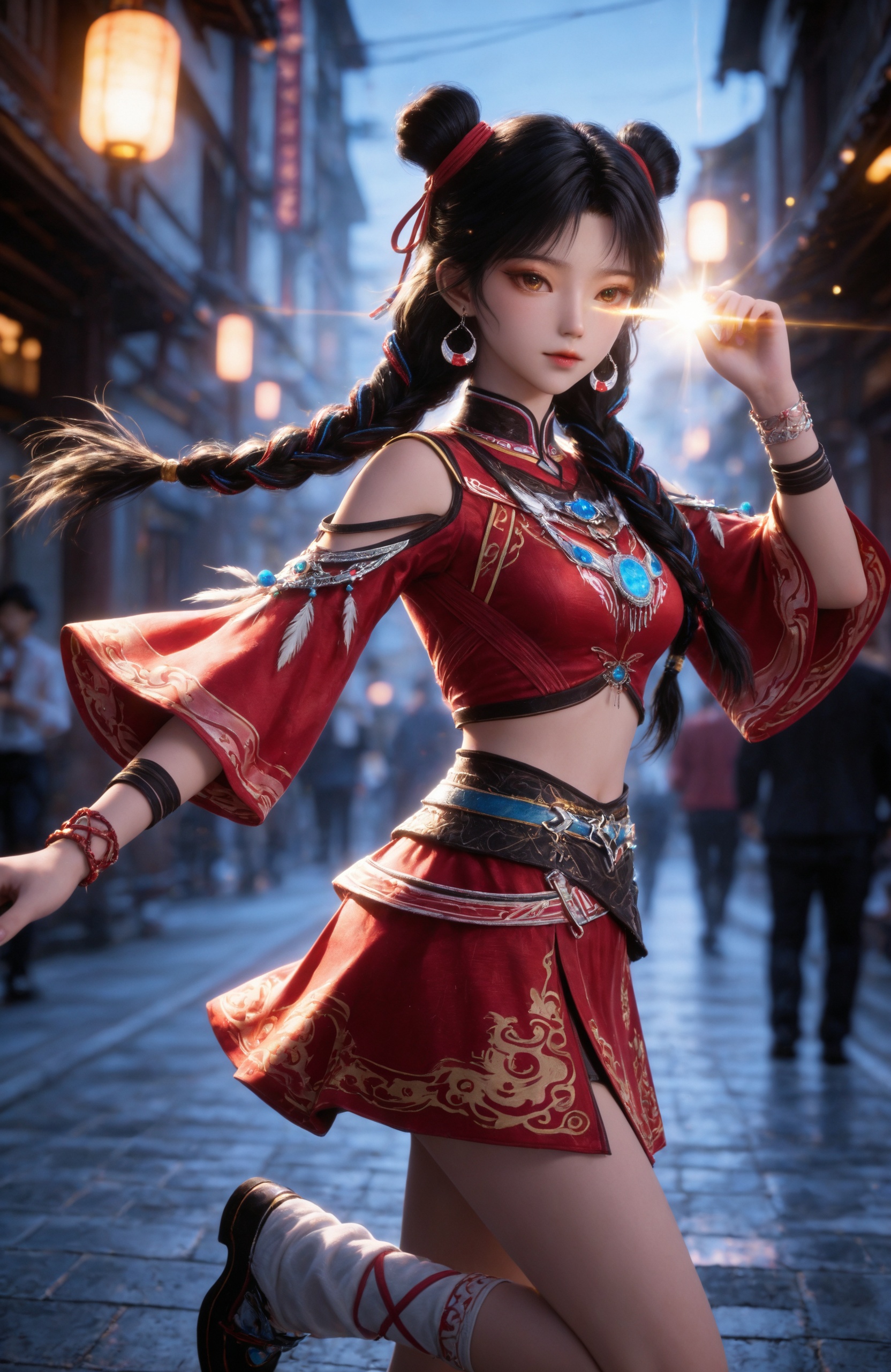 <lora:择天记-白落衡IL:0.7> 1girl, long hair, black hair, ribbon, jewelry, earrings,hair ribbon, crop top, shirt,  midriff, necklace, bracelet, twin braids, double bun, red skirt, red dress,  shoulder cutout, white socks,shoes,, realistic style photo,outstanding style,Use soft lighting to cast gentle shadows on the subject,adding a touch of dimension to your images without compromising details,whirls of vapor,(Anime:1.1),soft neon light,ethereal ambiance,delicate details,magical atmosphere,concept art,highly detailed,ultra-high resolution,32K UHD,sharp focus,best-quality,masterpiece,golden hour,unconventional supreme masterpiece,masterful details,temperate atmosphere,with a high-end texture,in the style of fashion photography,magazine style,Dynamic Angle,Dynamic posture,magazine style,Dynamic Angle,Dynamic posture,(cowboy_shot:1.2),eye trail,depth of field,cinematic lighting,lens flare,close-up,extreme aesthetic,(wlop:0.6),(honjou raita,lack,rella,wanke:0.5),masterpiece,best quality,good quality,newest,year 2025,very aesthetic,absurdres,Visual impact,A shot with tension,ultra-high resolution,32K UHD,sharp focus,best-quality,masterpiece,Emotionalization,unconventional supreme masterpiece,masterful details,temperate atmosphere,with a high-end texture,in the style of fashion photography,(Visual impact:1.2),giving the poster a dynamic and visually striking appearance,