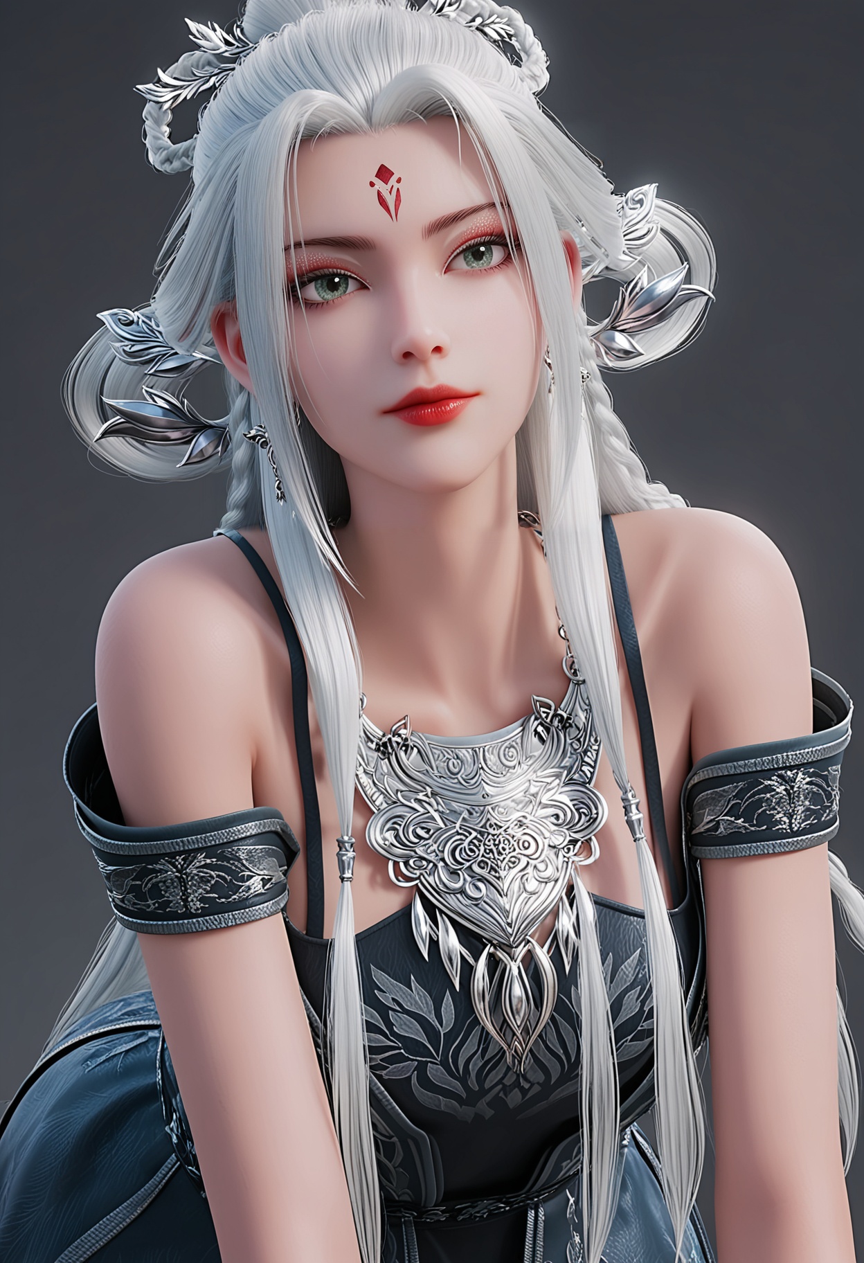 score_9,high detail,best quality,shiny skin,shiny,1girl,solo,green eyes,long hair,white hair,jewelry,white background,hair ornament,forehead mark,earrings,simple background,bare shoulders,necklace,braid,red lips,realistic,dress,makeup,closed mouth,lips,hair rings,bracelet,looking at viewer,thighs,<lora:QQSponyxiaobaiV1:0.8>,<lora:Pony_DetailV2.0:0.8>,<lora:皮肤凹痕:0.1>,