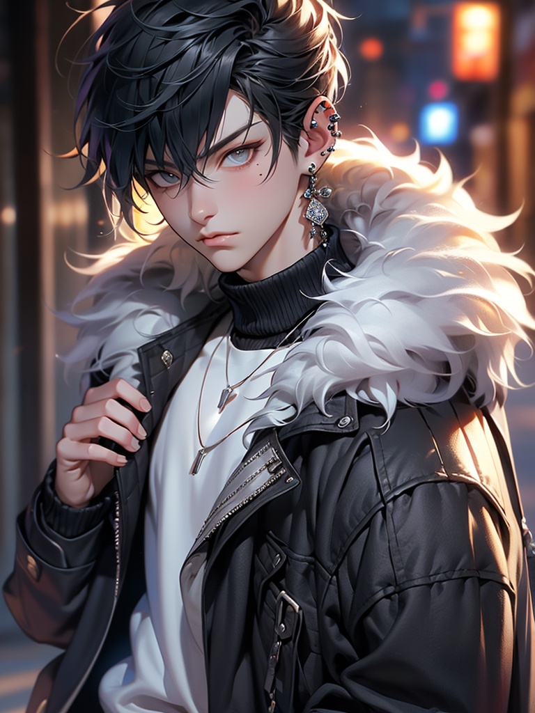 Best quality,masterpiece,8k,CG,1boy,jewelry,male focus,solo,black hair,blur background,earrings,mole under eye,fur trim,necklace,upper body,looking at viewer,piercing,short hair,coat,jacket,realistic,ear piercing,