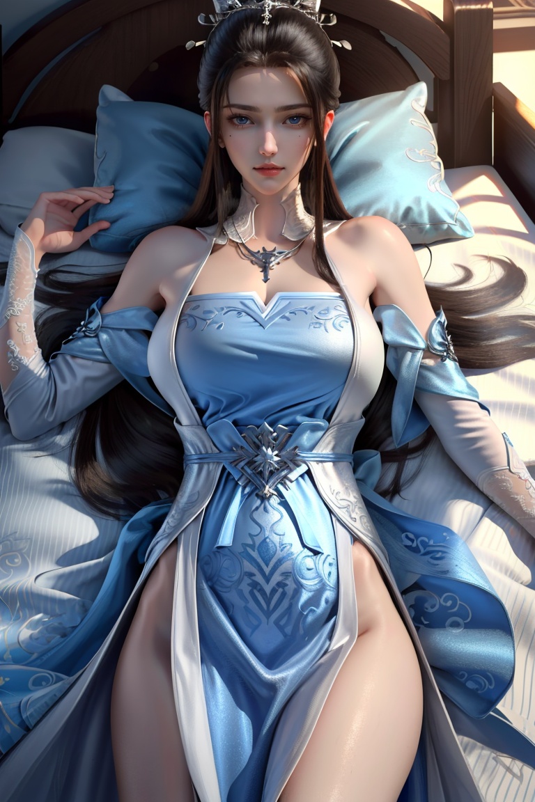 (8k, RAW photo, best quality, masterpiece:1.2),(realistic, photo-realistic:1.3), ultra-detailed, extremely detailed cg 8k wallpaper,(crystalstexture  skin:1.2), (extremely delicate and beautiful), (perfect hands, perfect anatomy:1.2),1girl, solo, long hair, long hair, hair ornament, brown hair, black hair, blue eyes, mole under eye, single hair bun, jewelry, necklace, hair bun, dress, blue dress, bare shoulders, detached sleeves, pantyhose, looking at viewer, (cowboy shot:1.3), (lying on back:1.2), bed shee,<lora:韩国娃娃koreandolllikenessV20_v20:0.4>  <lora:仙武传姬凝霜_v1.1-sshrd:0.85>