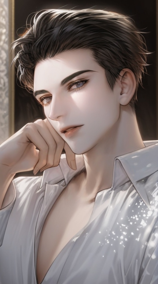 (best quality), ((masterpiece)), (highres), illustration, original, extremely detailed,  <lora:美の欲:0.7>1boy, male focus, solo, shirt, looking at viewer, white shirt, black hair, short hair, parted lips, upper body, collared shirt, hand on own face, long sleeves, grey eyes