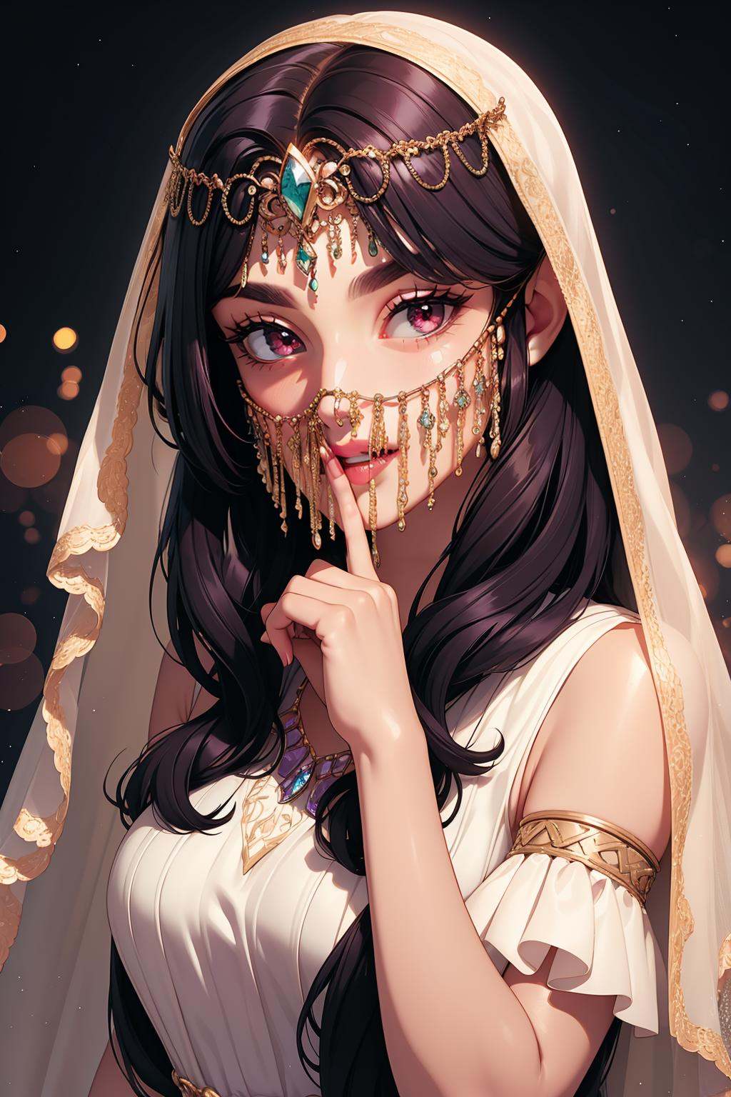 cinematic film still faceveilmask,  (chiffon long mouth veil),  [amethyst forehead jewel on Tensor.Art