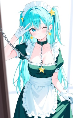 masterpiece,illustration,(reflection light),Artist rurudo, 1girl, solo, gloves, one eye closed, white gloves, apron, maid headdress, collar, breasts, dress, long hair, short sleeves, green dress, maid, hair ornament, puffy sleeves, blush, puffy short sleeves, leash, earrings, hair between eyes, chain, blurry foreground, medium breasts, cleavage, white apron, jewelry, collarbone, blue eyes, parted lips, two side up, blue hair, hand up, frilled apron, looking at viewer, aqua hair, skirt hold, white background, frills, waist apron, star (symbol), chain leash, v over eye, v
