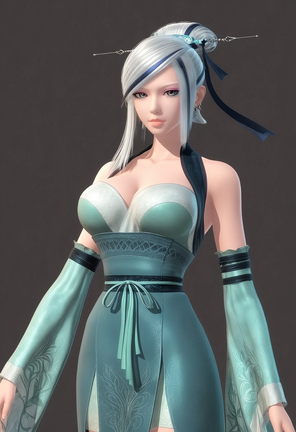 score_9,looking_at_viewer,large breasts,xiaomeng,1girl,solo,white hair,hair ornament,bare shoulders,grey eyes,lips,single hair bun,dress,earrings,cleavage,jewelry,detached sleeves,streaked hair,hair stick,makeup,wide sleeves,standing,(simple background,pure black background,black background:1.1),perfect_anatomy,<lora:QQSponyxiaomengV1:0.8>,