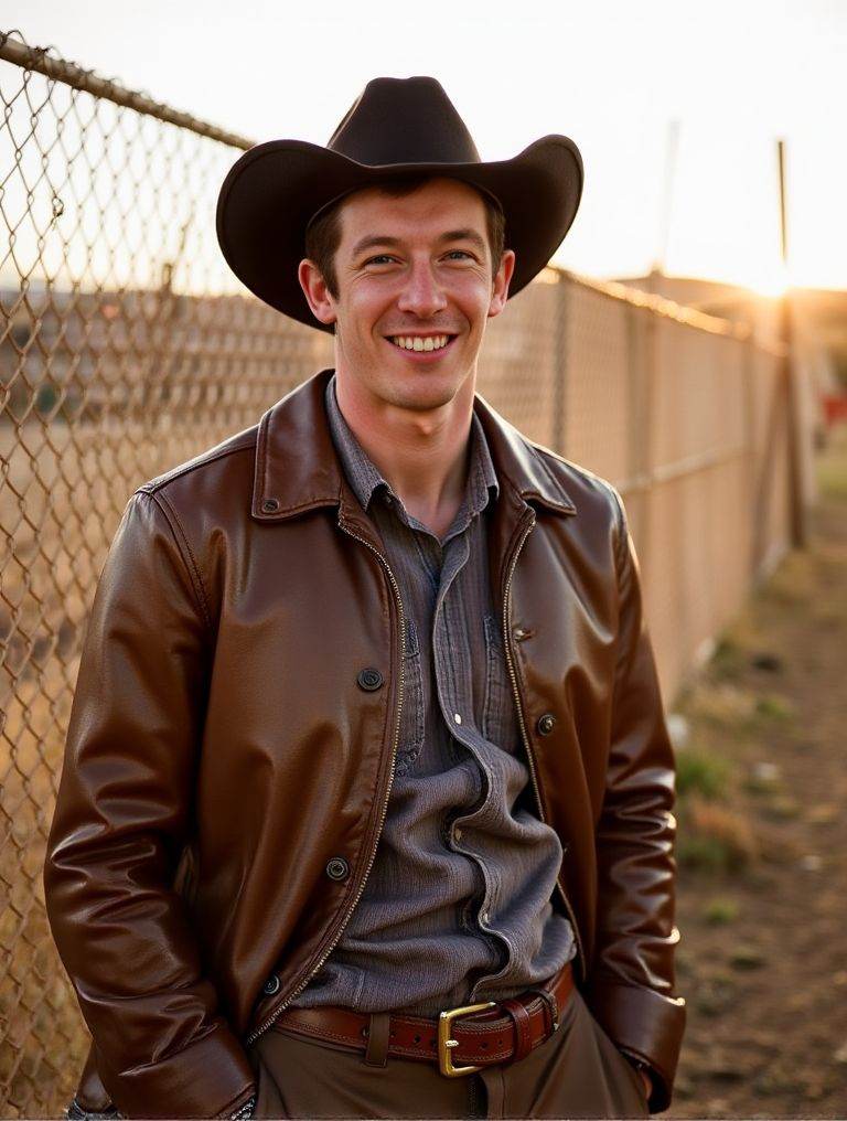 Callum Turner ,  near a fence in dry yard. wearing a cowboy hat and a belt. penis. testicles. hostility in his expression....