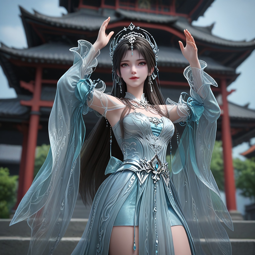 (oriental architecture, elegant decor, sophisticated style:1.1),Standing on a rooftop, arms raised, celebrating a moment of triumph,,(breasts:1.2),<lora:XL16完美世界天神书院清漪:0.95>,miss qingyi,white sheer corset dress over a pale blue underlay,grey eyes,black hair,hair ornament,half-up crown ponytail with long cascading hair,very long hair,jewelry,wide flowing sleeves,pelvic curtain,, zPDXL2, score_9, score_8_up, score_7_up BREAK realistic, masterpiece,best quality, highly detailed,, zPDXL3, zPDXL2,zPDXL, zPDXLxxx, zPDXLrl,