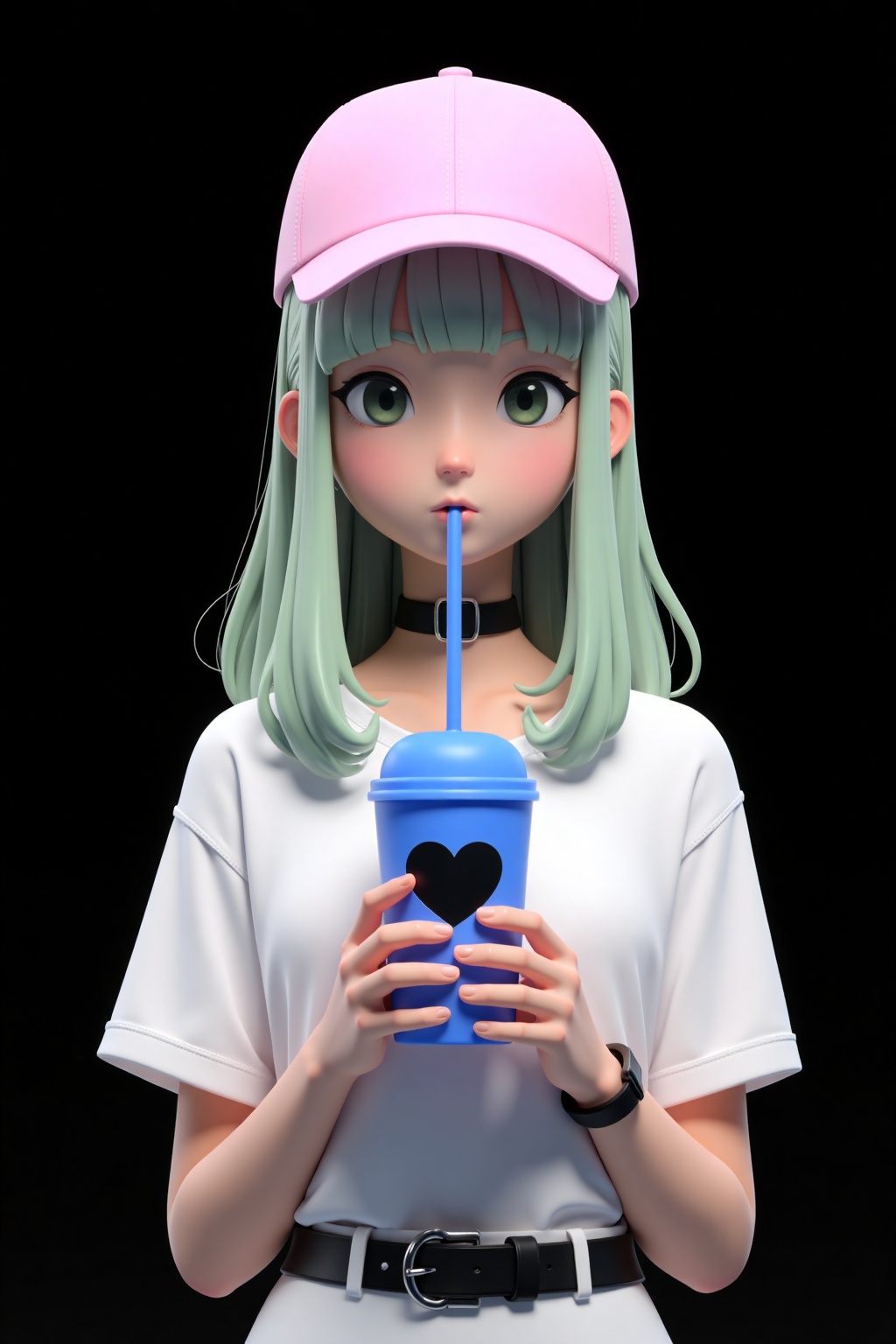 beijihui,a medium-sized cartoon girl with long, light green hair, a pink baseball cap, a white shirt, a black belt, and a black necklace. She is holding a blue cup with a black heart on it, with a blue straw sticking out of it. The background is a solid black, creating a stark contrast to the girl.