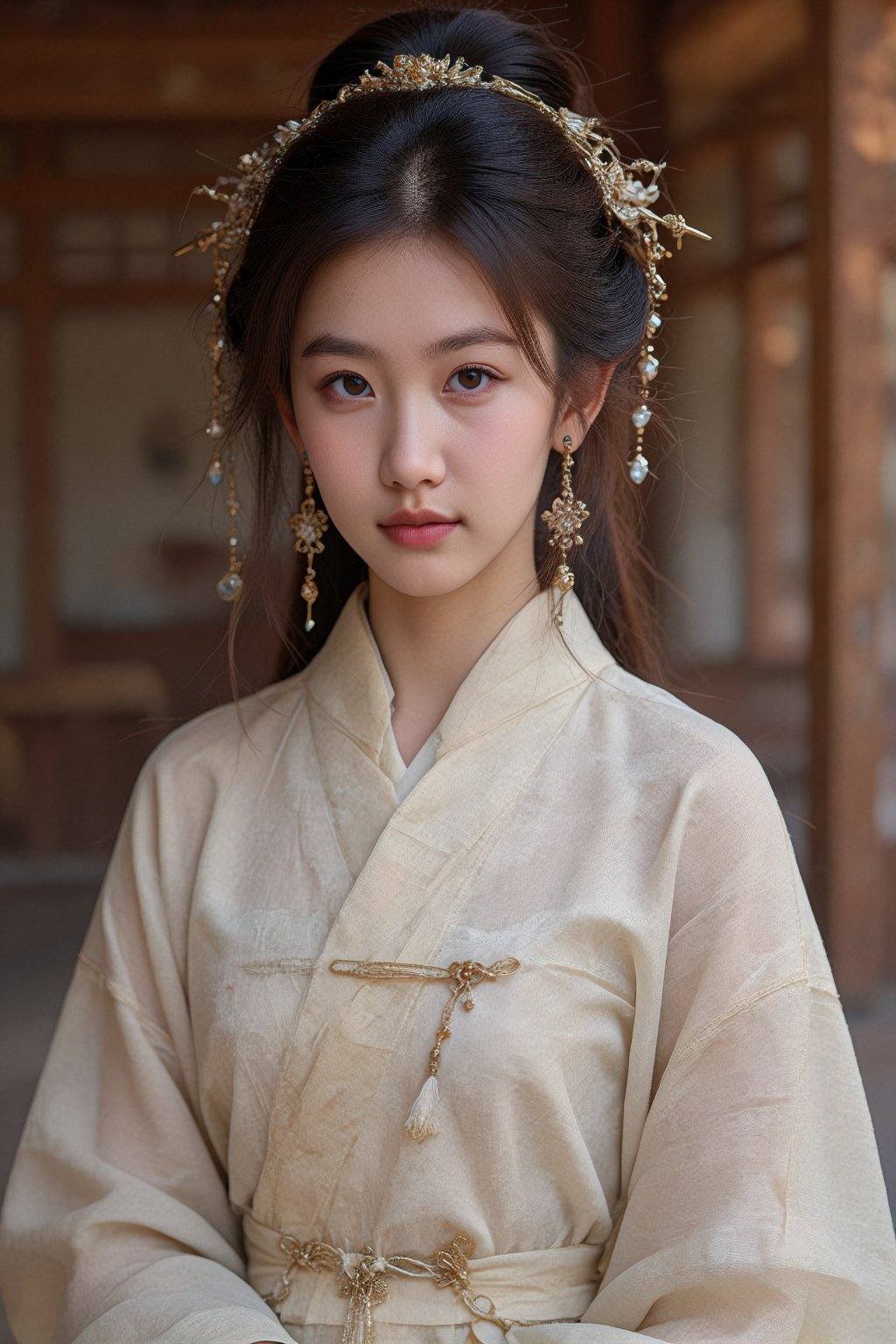 Create an elegant portrait of a young woman dressed in traditional East Asian fashion. She is wearing a flowing,  cream-co...
