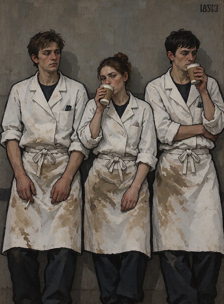 Three young restaurant cooks taking a break behind a modern restaurant,  standing shoulder to shoulder against a plain con...