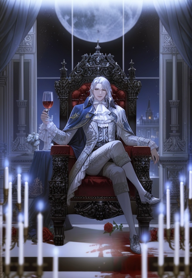 (best quality), ((masterpiece)), (highres), illustration, original, extremely detailed,  <lora:美の欲:0.7>wine glass, candle, cup, 1boy, drinking glass, solo, throne, flower, male focus, sitting, crossed legs, moon, long hair, holding, candlestand, red flower, rose, curtains, wine, looking at viewer, holding cup, alcohol, red rose, frills, ascot, white ascot, window, center frills, white hair, smile, shirt, blood, pants, full moon, chair, long sleeves, cape