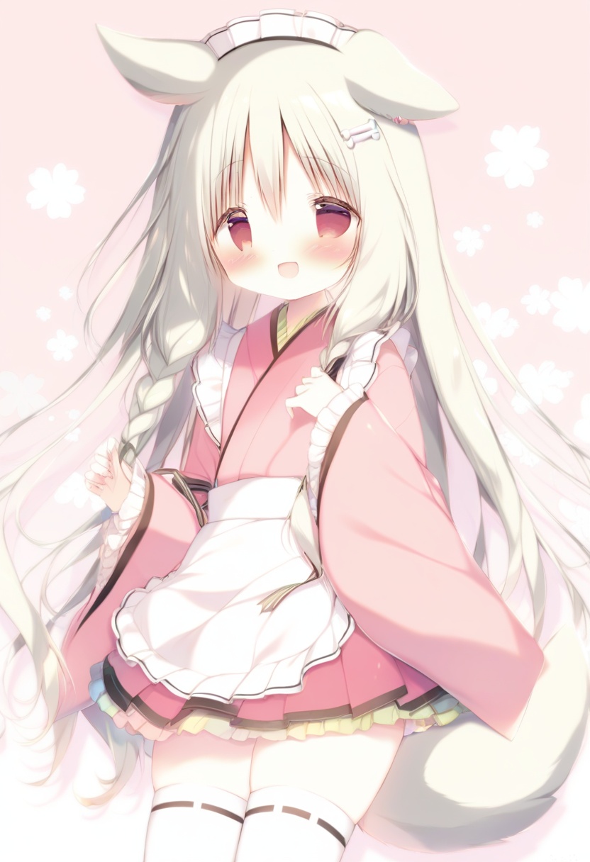 loli, 1girl, (shiratama (shiratamaco)),1girl, wa maid, dog ears, solo, kimono, one eye closed, animal ears, dog tail, japanese clothes, white thighhighs, frills, long hair, ;d, tail, maid headdress, dog girl, smile, floral background, apron, frilled apron, frilled kimono, thighhighs, white apron, red eyes, bone hair ornament, blush, long sleeves, sleeves past wrists, skirt, pink kimono, hair between eyes, bangs, wide sleeves, open mouth, very long hair, hair ornament, pleated skirt, pink background, braid, frilled skirt, hand up, cartoon bone, frilled sleeves, bow <lora:baiyu-000016:1>, masterpiece, best quality