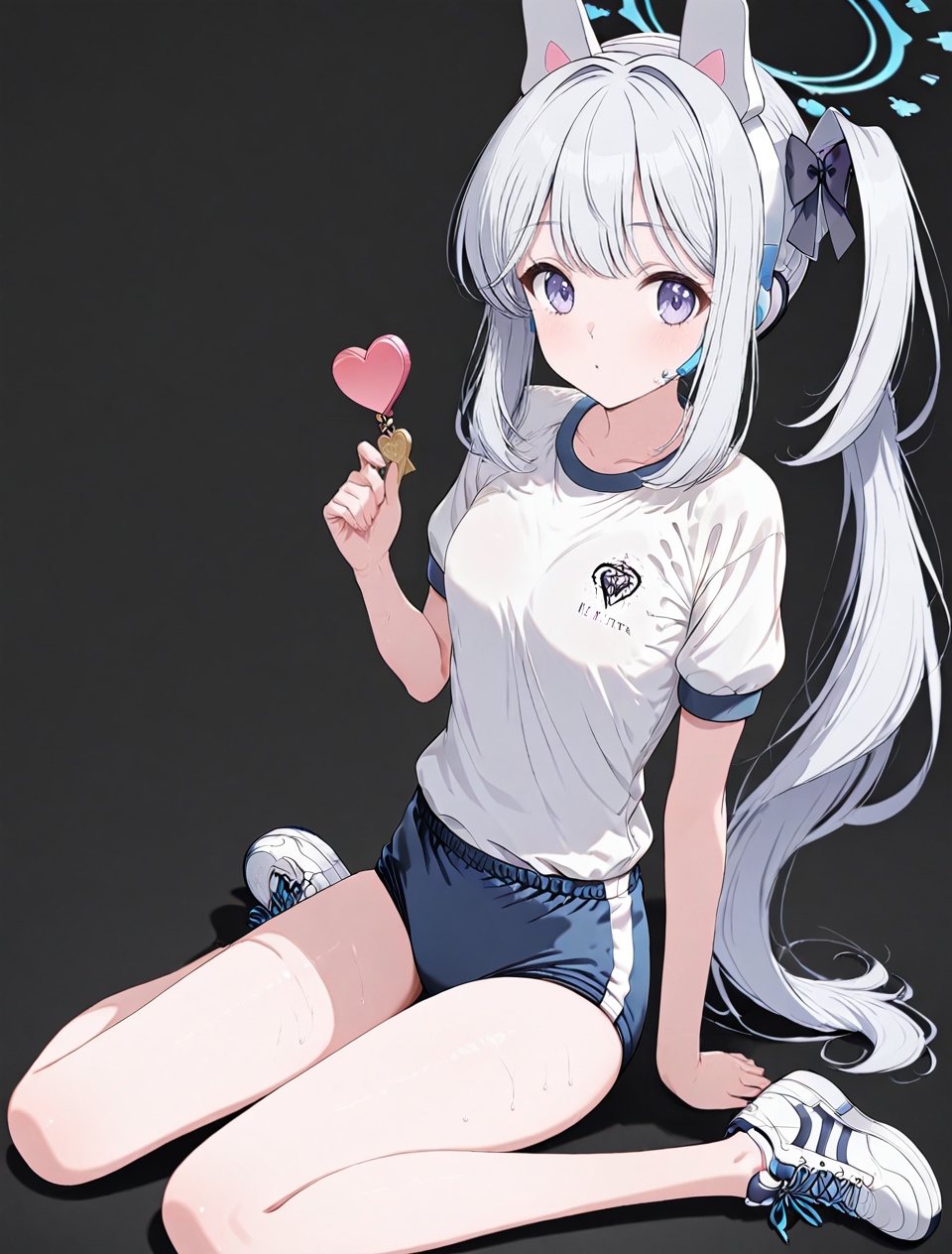 Miyako (blue archive),O,Miyako (blue archive),1girl, solo, halo, gym uniform, buruma, long hair, white background, sitting, simple background, shoes, sneakers, fake animal ears, animal ears, looking at viewer, shirt, purple eyes, side ponytail, wariza, white footwear, grey hair, full body, short sleeves, heart, white shirt, alternate costume, white hair, bangs, breasts,(UHD),anatomically correct,accurate,textured skin,super detail,high details,award winning,best quality,high quality,retina,HD,16k,1080P,