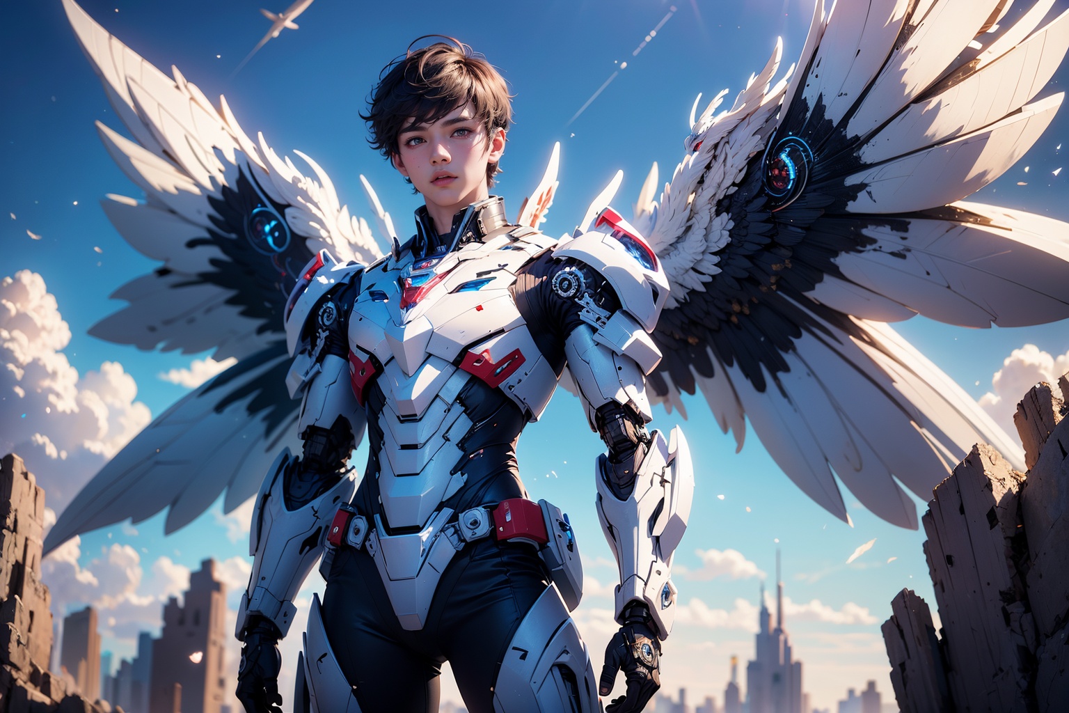 1boy,concept artwork,black hair,(a lonely solo boy:1.4),sky,wing,wings with fans,graphics card fan,strong male mecha warrior,mighty and domineering,cool mecha,32k,blue and white color scheme,white armor,white_background,standing,cowboy_shot,<lora:ASuo_v1:1>,