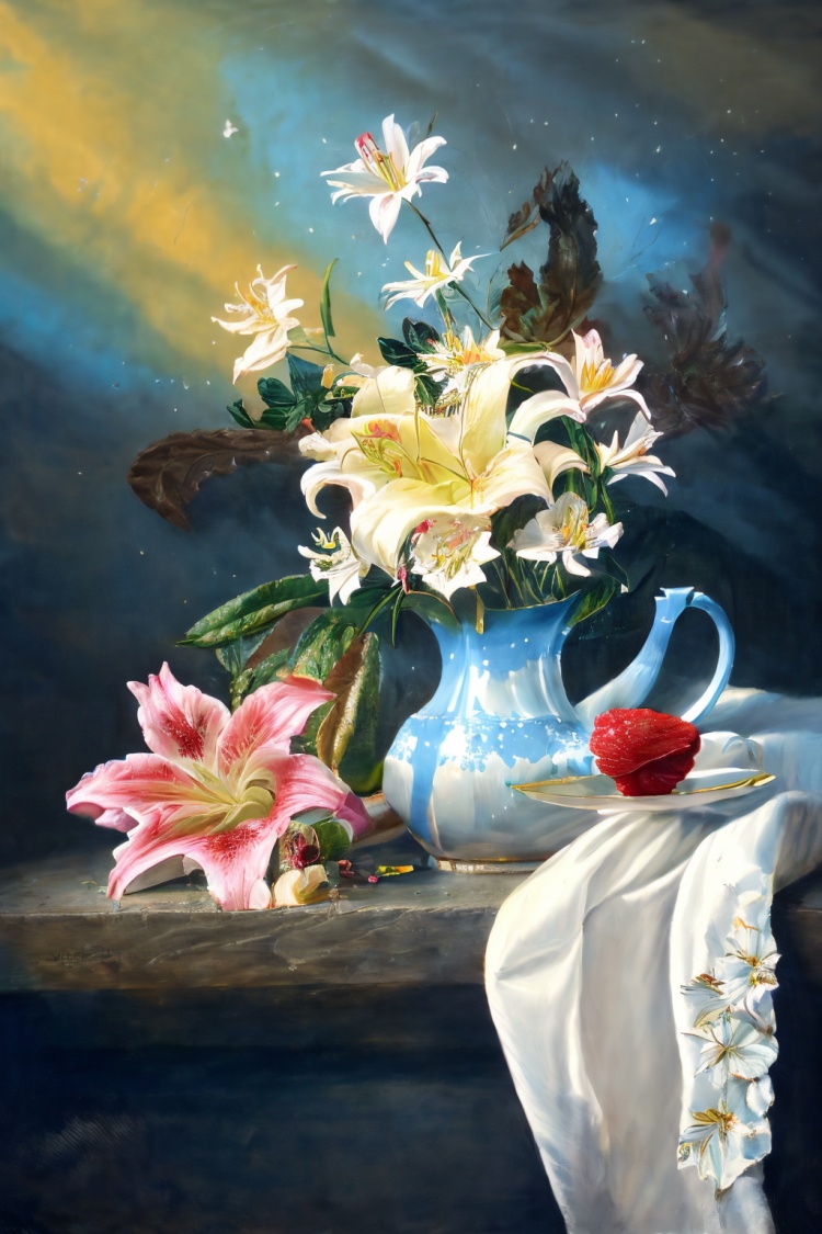 aliekexie,masterpiece,best quality,<lora:阿列克谢·安东诺夫:1>,(no_humans:1.2),a painting of a tea pot and a plate with a strawberry and a cup on it with a cloth,highly detailed oil painting,a photorealistic painting,art informel,flower,star_\(sky\),lily_\(flower\),starry_sky,white_flower,bouquet,white_dress,