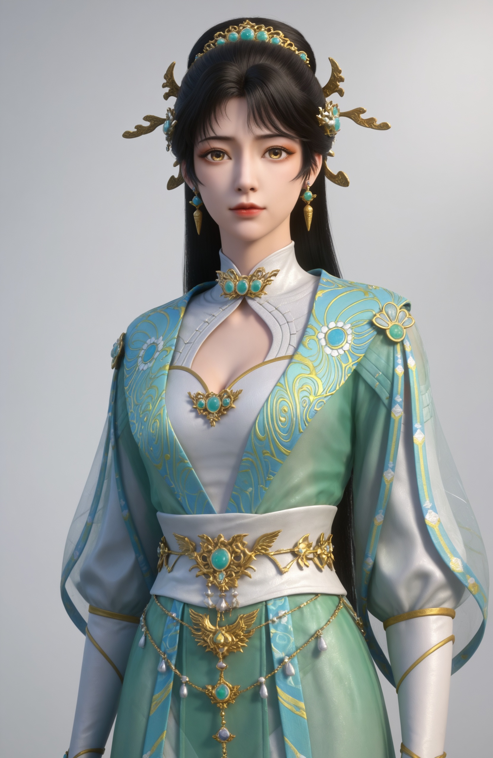 realistic style photo,outstanding style,Use soft lighting to cast gentle shadows on the subject,adding a touch of dimension to your images without compromising details,whirls of vapor,(Anime:1.1),soft neon light,ethereal ambiance,delicate details,magical atmosphere,concept art,highly detailed,ultra-high resolution,32K UHD,sharp focus,best-quality,masterpiece,golden hour,unconventional supreme masterpiece,masterful details,temperate atmosphere,with a high-end texture,in the style of fashion photography,magazine style,Dynamic Angle,Dynamic posture,magazine style,Dynamic Angle,Dynamic posture,(cowboy_shot:1.2),eye trail,depth of field,cinematic lighting,lens flare,extreme aesthetic,(wlop:0.6),(honjou raita,lack,rella,wanke:0.5),masterpiece,best quality,good quality,newest,very aesthetic,absurdres,Visual impact,A shot with tension,ultra-high resolution,32K UHD,sharp focus,best-quality,masterpiece,Emotionalization,unconventional supreme masterpiece,masterful details,temperate atmosphere,with a high-end texture,in the style of fashion photography,(Visual impact:1.2),giving the poster a dynamic and visually striking appearance <lora:九阳武神-苏青洛pony:0.7> 1girl, black hair, long hair, hair ornament, jewelry, hair bun, green dress, long sleeves, cleavage cutout, sash, white footwear, chinese clothes, earrings, realistic style,white background,upper body,looking at viewer,dynamic posture,