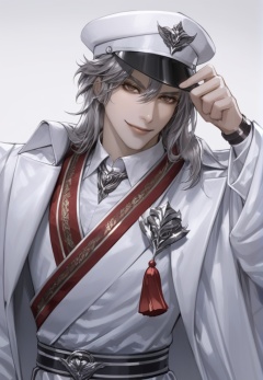 (best quality), ((masterpiece)), (highres), illustration, original, extremely detailed, <lora:美の欲:0.7>solo, 1boy, male focus, hat, long hair, looking at viewer, upper body, smile, grey hair, tassel, long sleeves, peaked cap, white background