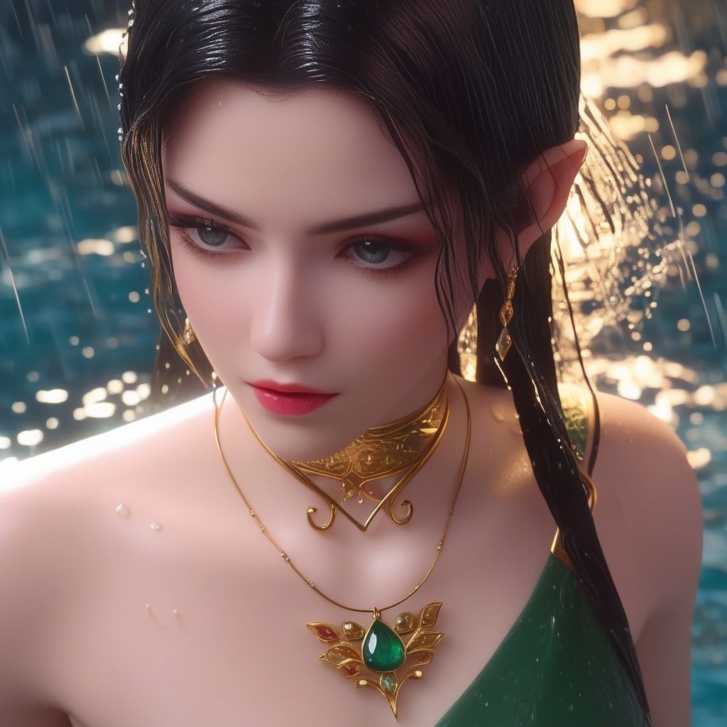 <lora:850-DA-XL-斗破苍穹-美杜莎-红色睡衣:0.8>, (,1girl, ,best quality, ),, ,ultra detailed 8k cg,   ,masterpiece((((1girl, solo,  , ,solo focus, wet,sweat, ocean,rain, water drop, )))) (, , sweatdrop, flying sweatdrops, sweating profusely,colorful drop \(module\), )   clean, masterpiece,     cinematic lighting, cinematic bloom,   , unreal, science fiction, luxury, jewelry, diamond, gold, pearl, gem, sapphire, ruby, emerald, intricate detail, delicate pattern, charming, alluring, seductive, erotic, enchanting, hair ornament, necklace, earrings, bracelet, armlet,halo,