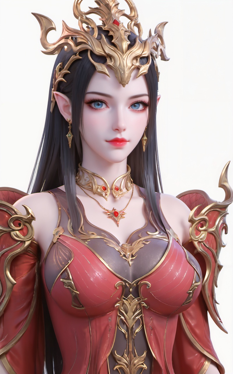 score_9,score_8_up,score_7_up,masterpiece,best quality,amazing quality,very aesthetic,high resolution,ultra-detailed,absurdres,newest,scenery,rendered,{Prompt} BREAK depth of field,volumetric lighting,<lora:美杜莎女王·新建模8·pony:0.8>,meidusha,1girl,solo,red dress,upper body,pointy ears,dress,jewelry,white background,long hair,hair ornament,black hair,necklace,bare shoulders,closed mouth,metal collar,looking at viewer,breasts,expressionless,collar,simple background,earrings,detached sleeves,blue eyes,