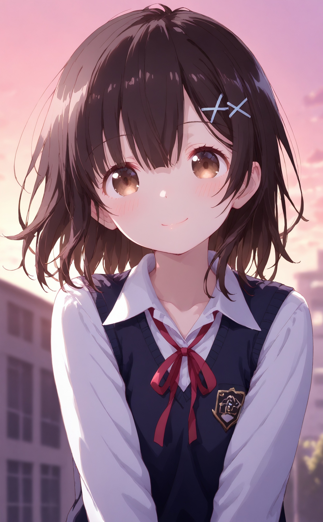 masterpiece,best quality,high quality,loli,chromatic_aberration,//,1girl,solo,hair_ornament,shirt,looking_at_viewer,short_hair,outdoors,white_shirt,brown_eyes,ribbon,red_ribbon,building,blush,school_uniform,brown_hair,neck_ribbon,upper_body,sunset,vest,collared_shirt,hair_between_eyes,closed_mouth,hairclip,collarbone,sky,smile,x_hair_ornament,cloud,head_tilt,evening,blurry,light_smile,blurry_background,//,year_2023,year_2024,//,official art,depth of field,detailed light,blurry background,cinematic lighting,ray tracing,ultra detailed,god rays,backlighting,photo background,film grain,chromatic aberration,volumetric lighting,depth of field,blurry background,shiny skin,floating hair,cinematic lighting,day,very aesthetic,<lora:rouhe——【noob】hans:1>,