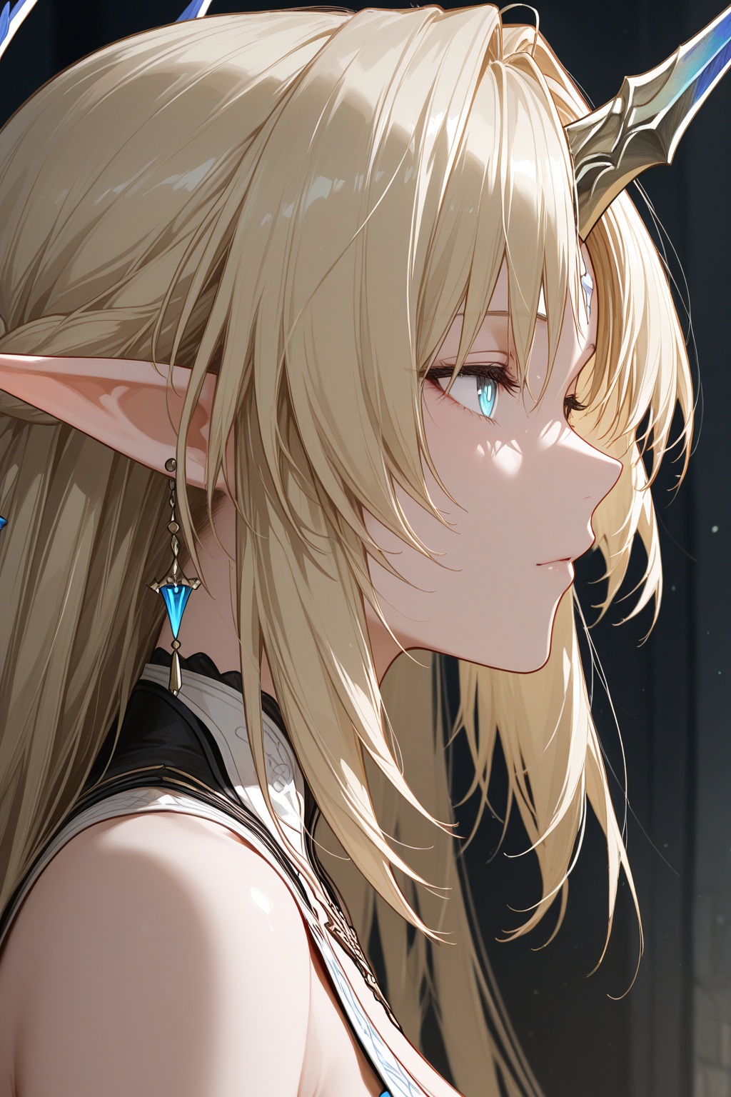 masterpiece,best quality,absurdres,1girl,fleurdelys \(wuthering waves\),pointy ears,single horn,face_focus,from side,
