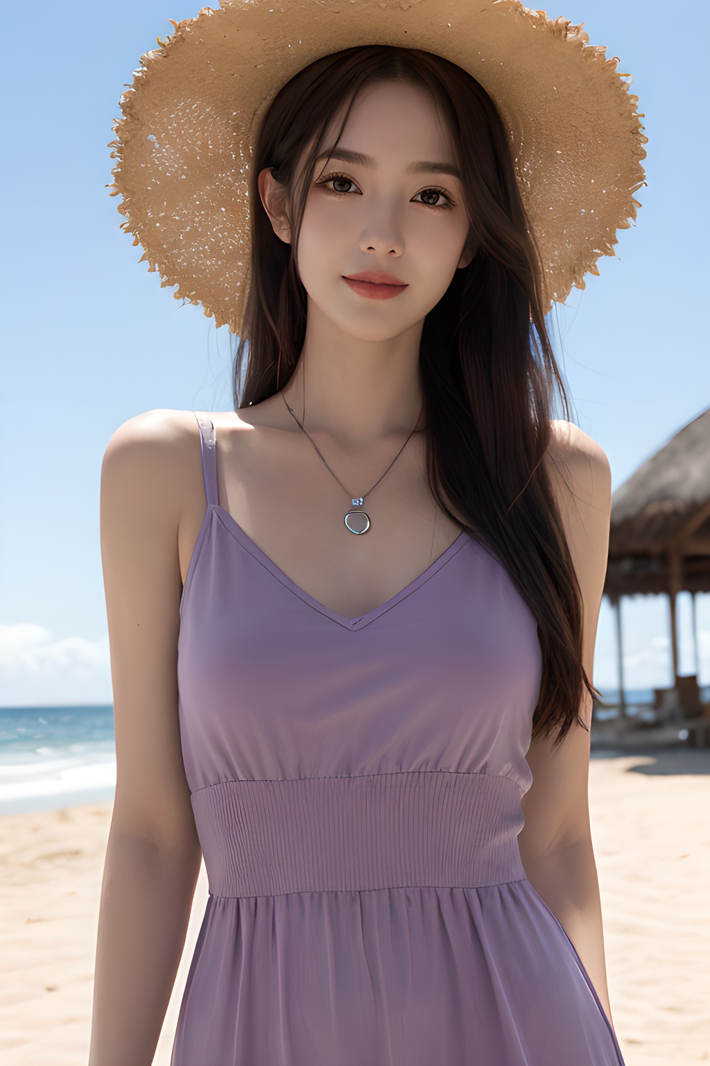 <lora:0817_03:0.4>,araffe girl with long hair wearing a purple dress, 1girl, solo, hat, straw hat, long hair, looking at viewer, necklace, jewelry, heart necklace, smile, heart, brown hair, bangs, day, beach, outdoors, upper body, black hair, sunlight, closed mouth, swimsuit, selfie, sky, ocean,, 1girl,realistic,masterpiece, best quality, photorealistic, HDR,detail