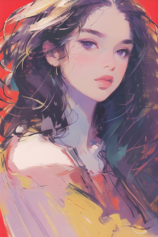 (masterpiece,best quality,ultra_detailed,highres,absurdres:1.2)),1girl, focus,solo, simple background, upper body, purple shirt,   long hair,parted lips,hand on own shoulder,red background,  <lora:sketch_20240609143315-000005:0.8>