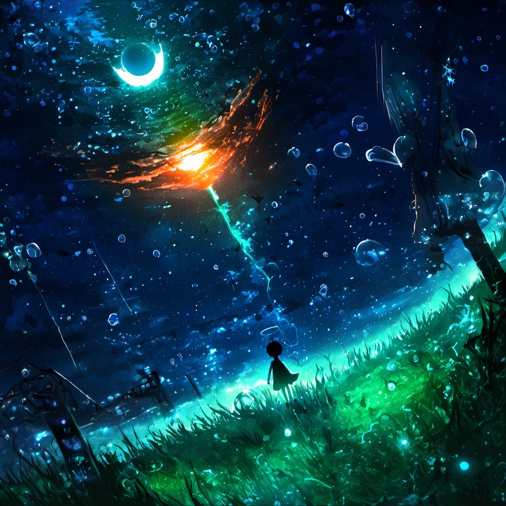 <lora:star_xl_v3:1>,silhouette painting, ethereal ambiance, 1girl, solo, short hair, blue and orange theme, dress, outdoors, sky, cloud, water, night, glowing, halo, moon, star \(sky\), night sky, scenery, starry sky, city, fantasy, horizon, cityscape, surreal, black hair, standing, building, fish, a thick beam of light shot from the grass into the sky, a radiant blue moon in the sky surrounded by a myriad of stars and nebulae and other cosmic elements, there's a vast expanse of space filled with stars and a few celestial bodies, a mix of rocky terrain and magma, a silhouette of a child with a glowing green aura and glowing legs standing on the ground and  surrounded by bubbles which floating in the air, soft ethereal light