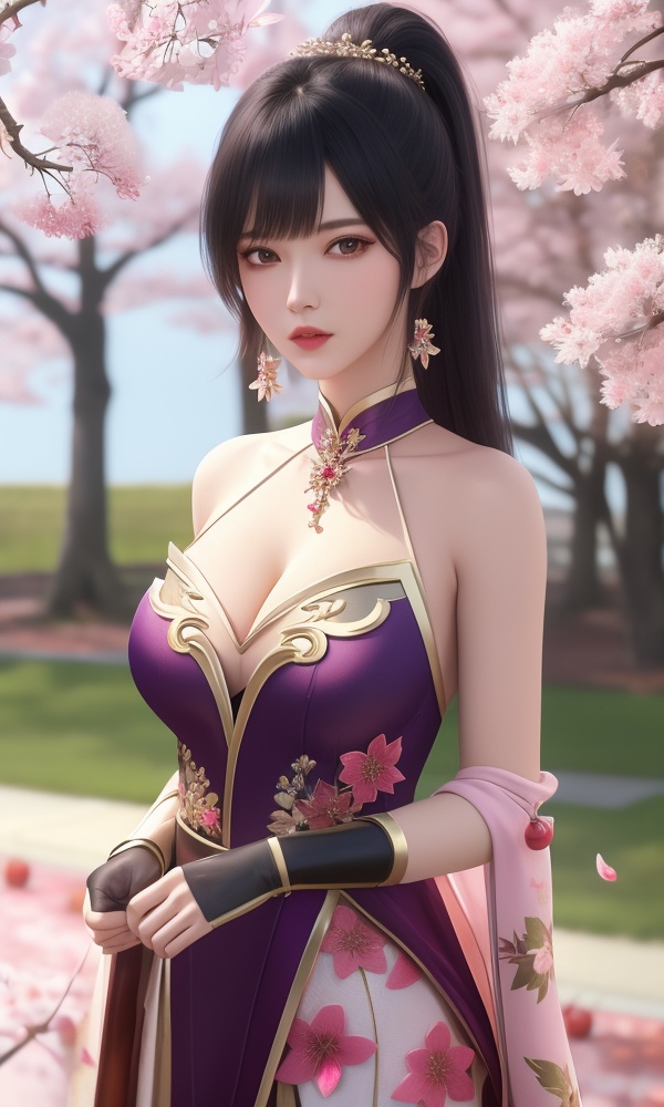 (,1girl, ,best quality, ),looking at viewer, <lora:418-DA-百炼成神-莫雨馨:0.8> ,ultra detailed 8k cg,ultra detailed background,ultra realistic 8k cg, ,masterpiece, (( , )),, ,science fiction,mole, ultra realistic 8k cg, ,    ,(,cherry blossoms, autumn leaves,perfect cherry blossom,   ), (cleavage), 1girl, , , depth_of_field, solo, , ,