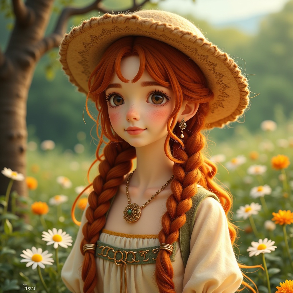 Texture of yarn,1girl,solo,long hair,brown hair,hat,dress,jewelry,braid,flower,necklace,orange hair,blurry,twin braids,tree,nature,hair over shoulder,freckles,realistic,straw hat,