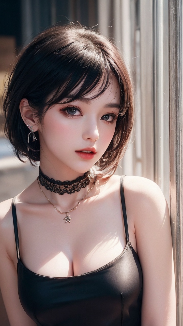 1girl,jewelry,earrings,solo,dress,black hair,black dress,looking at viewer,necklace,night,black eyes,short hair,collarbone,sleeveless dress,realistic,spaghetti strap,