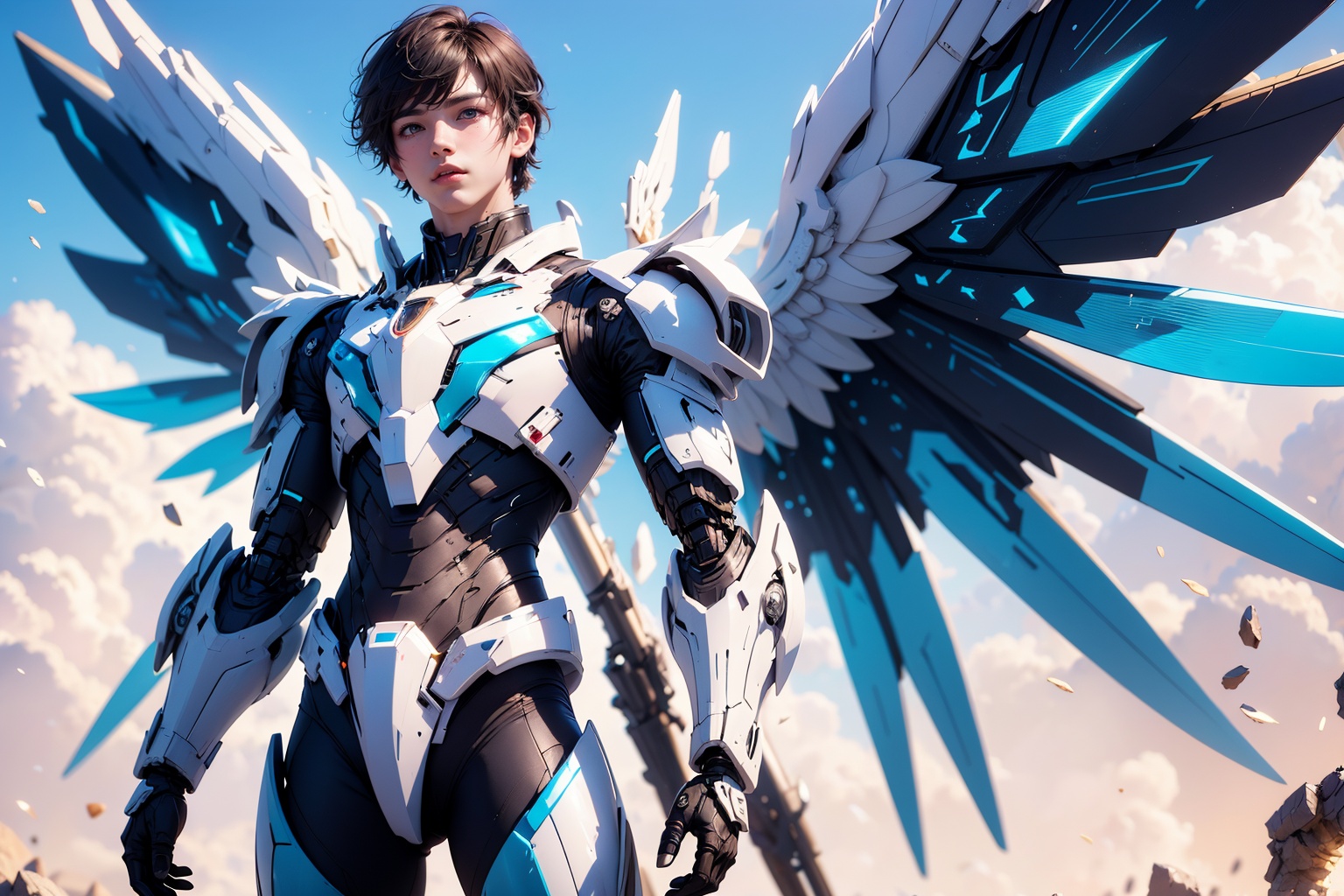 1boy,concept artwork,black hair,(a lonely solo boy:1.4),sky,wing,wings with fans,graphics card fan,strong male mecha warrior,mighty and domineering,cool mecha,32k,blue and white color scheme,white armor,white_background,standing,cowboy_shot,<lora:ASuo_v1:1>,