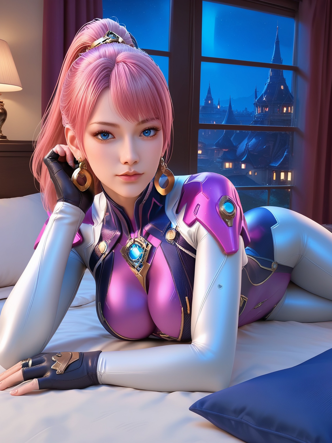score_9,score_8_up,score_7_up,1girl,pink hair,solo,earrings,ponytail,bodysuit,jewelry,blue eyes,looking at viewer,breasts,window,gloves,bed,fingerless gloves,night,on bed,lying,<lora:bulianshiCFZ THV3:0.8>,