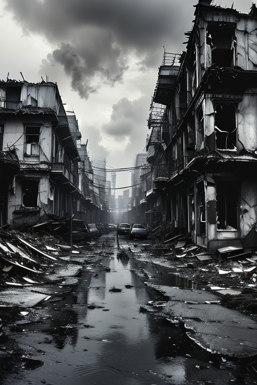 still life , High resolution movie lighting, surreal detail photography, Movie style, Doomsday, outdoors, monochrome, sky, no humans, building, cloud, greyscale, scenery, cloudy sky, streets filled with dilapidated houses, complex buildings