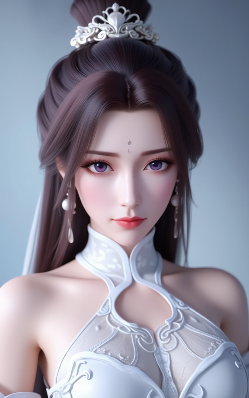 <lora:月婵6:1>,yuechan,1girl,dress,white dress,solo,hair bun,facial mark,hair ornament,forehead mark,long hair,single hair bun,bare shoulders,brown hair,black hair,looking at viewer,closed mouth,detached sleeves,earrings,jewelry,upper body,3,cover,simple background,gradient background,close-up details,outstanding style,adding a touch of dimension to your images without compromising details,close-up,<lora:DJ滤镜_2.5D版:0.4>,lvjing,