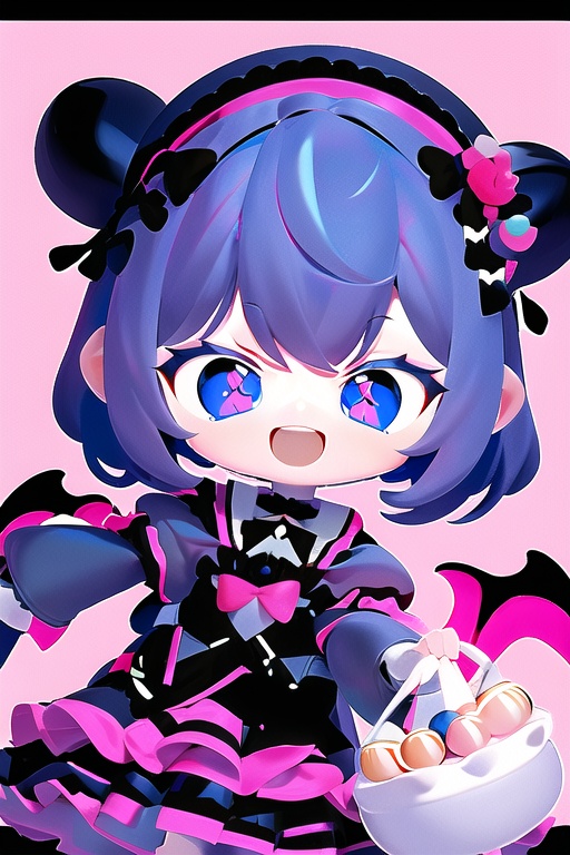CH,high contrast,1Girl,solo,looking at the audience,blue blue smile,short hair,open mouth,bangs,black hair accessories,long sleeves,black and red Gothic Lolita,bow,holding,jewelry,headband,food,demon wings,demon tail,Lolita fashion,Gothic Lolita,Lolita headband,macaron,purple background,