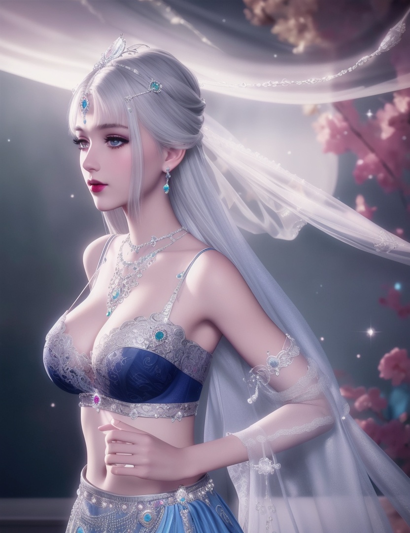 ultra realistic 8k cg, picture-perfect face, flawless, clean, masterpiece, professional artwork, famous artwork, cinematic lighting, cinematic bloom, perfect face, beautiful face, fantasy, dreamlike, unreal, science fiction, huge breasts, beautiful clothes, lace, lace trim, lace-trimmed legwear, (rich:1.4), prestige, luxury, jewelry, diamond, gold, pearl, gem, sapphire, ruby, emerald, intricate detail, delicate pattern, charming, alluring, seductive, erotic, enchanting, hair ornament, necklace, earrings, bracelet, armlet,halo ((,1girl:1.5,   solo, ))<lora:DA_NikkiChangEr2.0:0.6>
