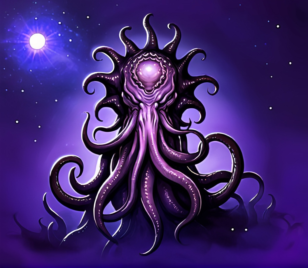 yekubians,digital art,science fiction,tentacled creature,cosmic background,space,planets,stars,mystic,purple hue,alien environment,surreal,towering figure,circular patterns,soft lighting,shadow effects,stylized texture,futuristic,fantasy.,cthulhu horror,no humans,alien,planet,solo,monster,star \(sky\),tentacles,glowing,lovecraftian,Mythological creatures,<lora:kesulu-10:0.6>,