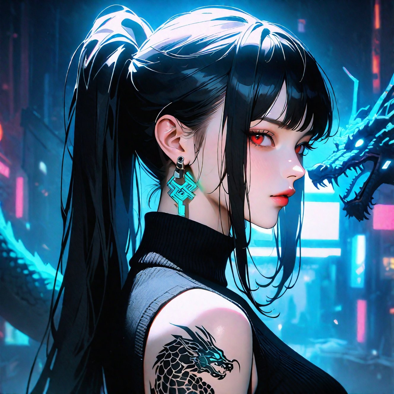 1girl,solo,long hair,looking at viewer,black hair,red eyes,jewelry,upper body,ponytail,sidelocks,earrings,sleeveless,from side,sweater,tattoo,turtleneck,portrait,turtleneck sweater,dragon,sideways glance,arm tattoo,black sweater,eastern dragon,(cyberpunk:1.2),realisticmasterpiece,newest,absurdres,sensitive,very aesthetic,<lora:fashigirl-v2-sdxl:0.65>,