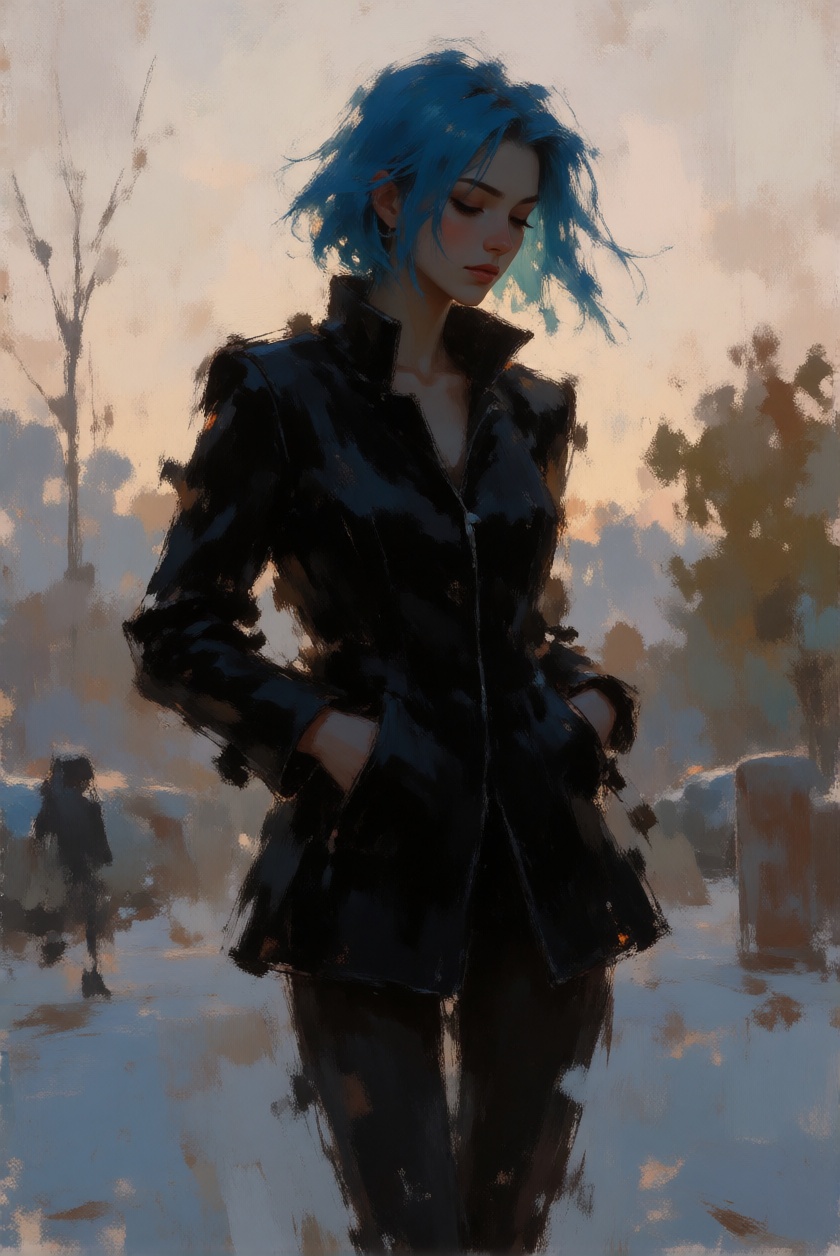 RawColorDaal,  digital painting rendered in an impressionistic style,  a woman with blue hair and a black jacket on Tensor...