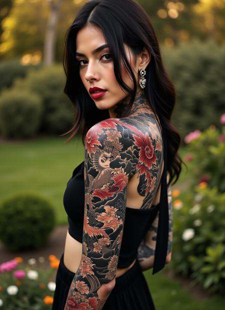 A striking image of a beautiful woman with a full-sleeve tattoo depicting iconic Japanese imagery,  standing gracefully in...