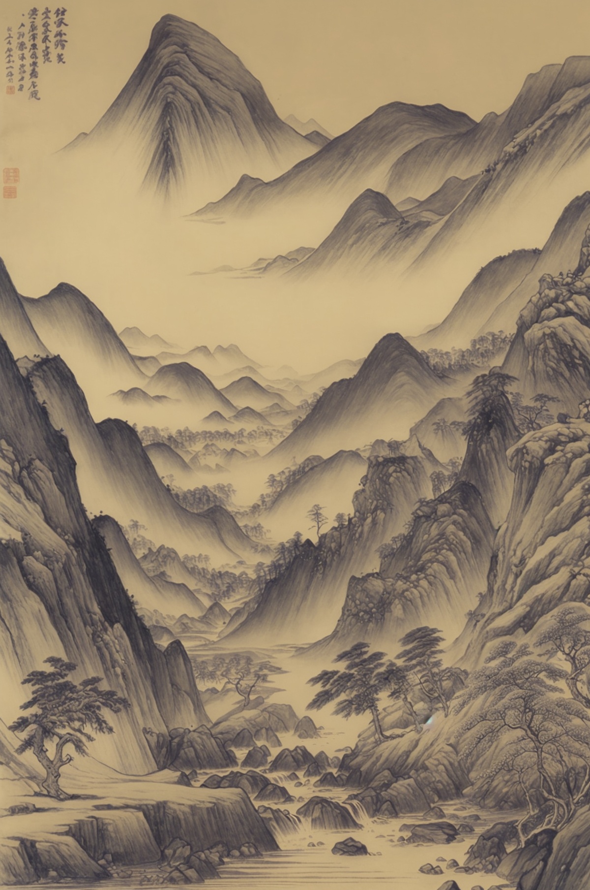 monochrome, mountain, no humans, plant, scenery, traditional media, tree, wings, yshanshui,<lora:SD1.5_YShanshui.64:0.6>