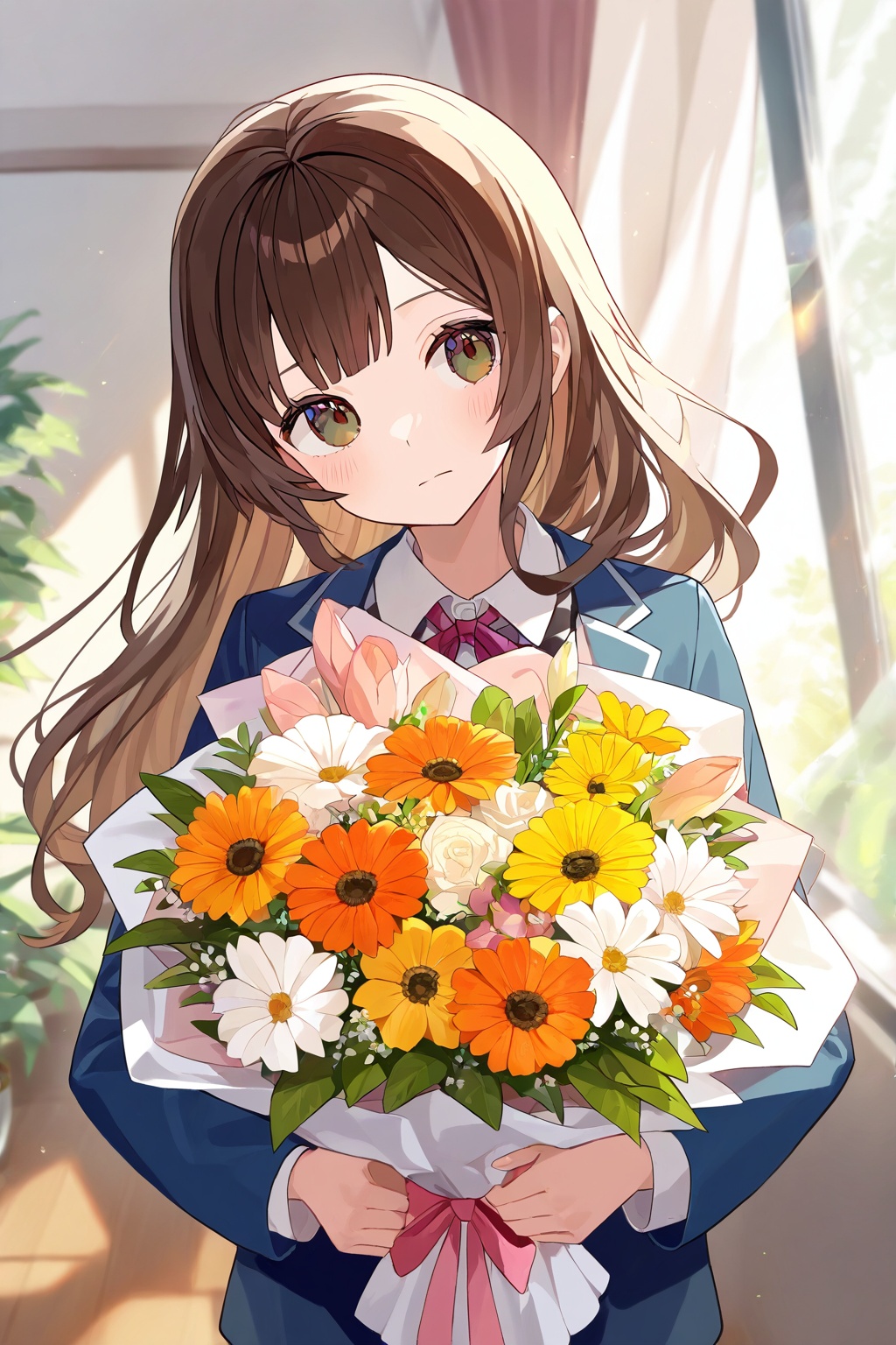 1girl, long hair, flower, solo, bouquet, brown hair, window, holding bouquet, brown eyes, orange flower, curtains, shirt, holding, jacket, blue jacket, long sleeves, checkered clothes, white shirt, ribbon, yellow flower, pink ribbon, closed mouth, indoors