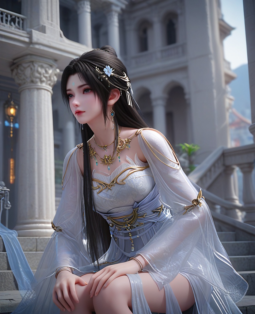 (oriental architecture, elegant decor, sophisticated style:1.1),Leaning forward, hands on the knees,,(breasts:1.2),<lora:XL16完美世界清漪:0.95>,miss qingyi,white dress,forehead mark,black hair,hanging hair,long hair,hair ornaments,gem earrings,gold jewelry,necklace,see-through sleeves,sash,hair ribbon,bracelet,floral print,, zPDXL2, score_9, score_8_up, score_7_up BREAK realistic, masterpiece,best quality, highly detailed,, zPDXL3, zPDXL2,zPDXL, zPDXLxxx, zPDXLrl,