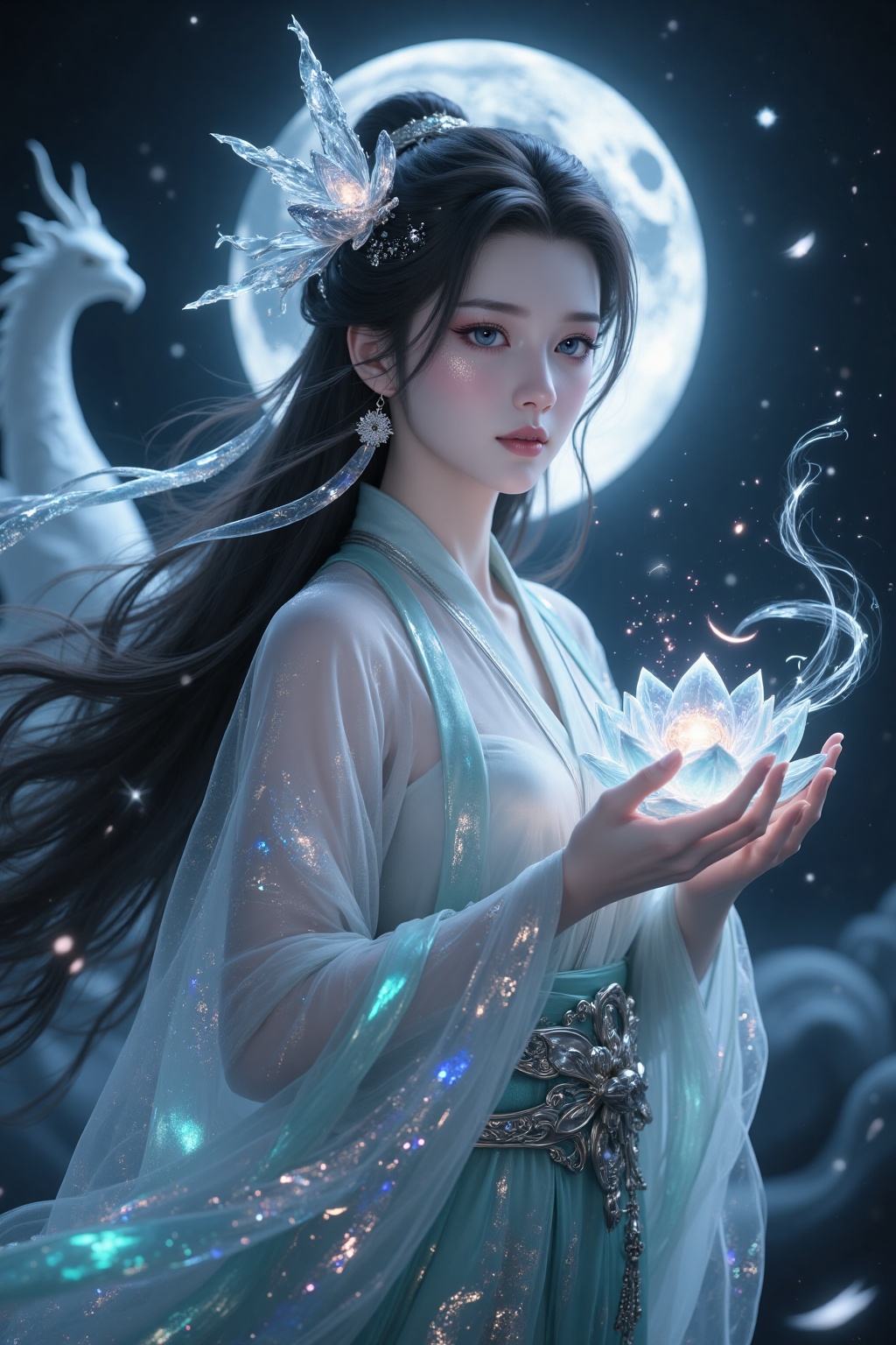 CGI,Enchantress in moonlight, translucent veil reveals jade-like skin,fingertips blooming with crystalline lotus, starlight ribbons woventhrough flowing hair, galaxy fragments swirling in eyes, silk robesrippling with lunar energy, phoenix-shaped mist unfurling behind,