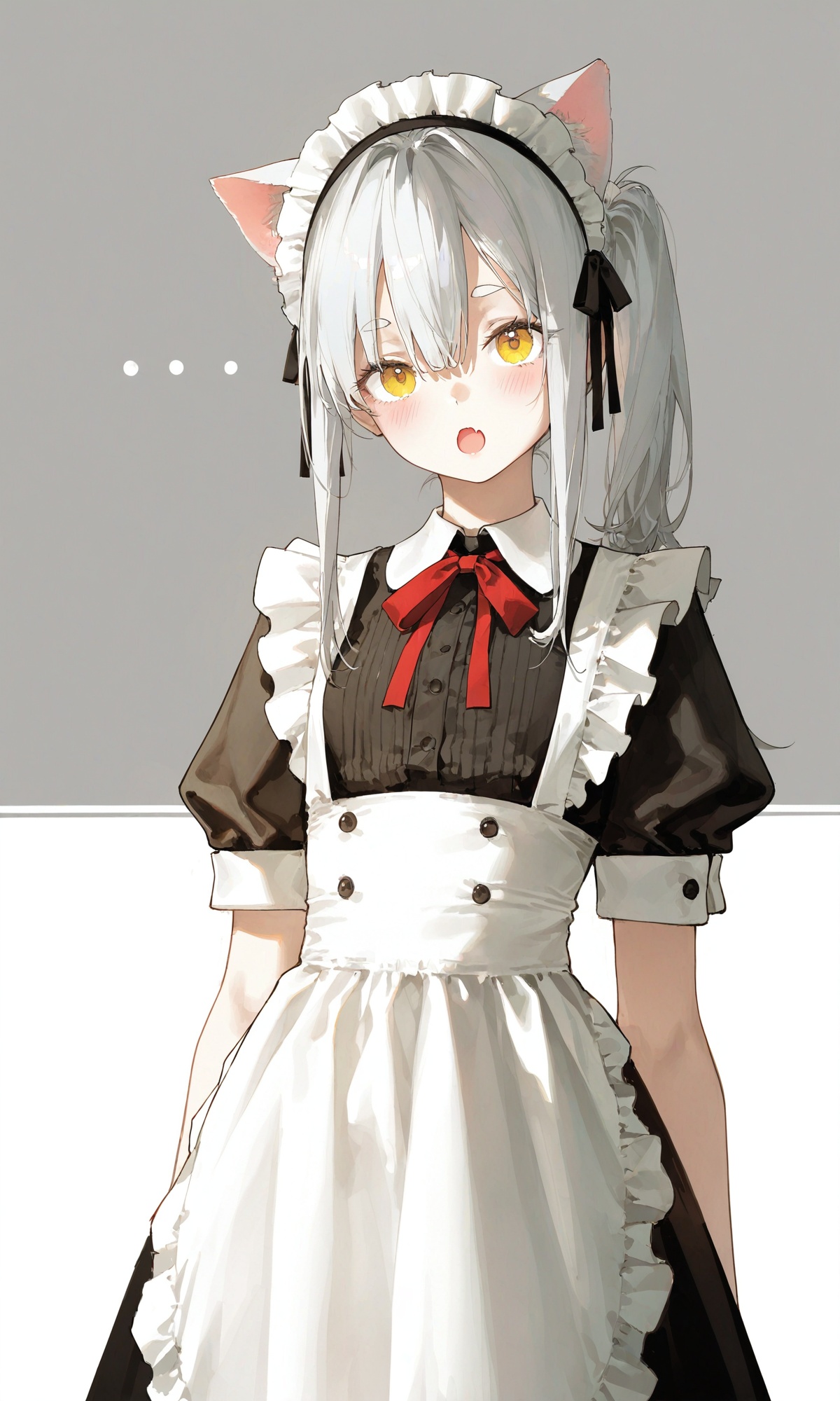 simple,sketch lines,mixed media,conceptual art,z3zz4,dino \(dinoartforame\),ichika \(ichika87\),toosaka asagi,nekojira,rhasta,rella,1girl,solo,long hair,looking at viewer,blush,open mouth,bangs,simple background,shirt,dress,ribbon,animal ears,hair between eyes,yellow eyes,white shirt,short sleeves,grey hair,frills,fang,puffy sleeves,grey background,apron,black dress,side ponytail,red ribbon,puffy short sleeves,maid,maid headdress,neck ribbon,thick eyebrows,waist apron,white apron,two-tone background,skin fang,maid apron,frilled apron,