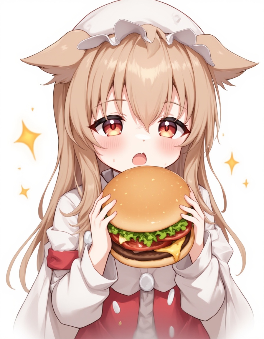1girl, food, burger, solo, ceobe \(arknights\), holding, animal ears, +_+, holding food, sparkle, red eyes, dog ears, eating, long hair, sparkling eyes, brown hair, tomato, white headwear, ears through headwear, long sleeves, hat, simple background, upper body, jacket, dog girl, lettuce, blush, official alternate costume, cheese, looking at food