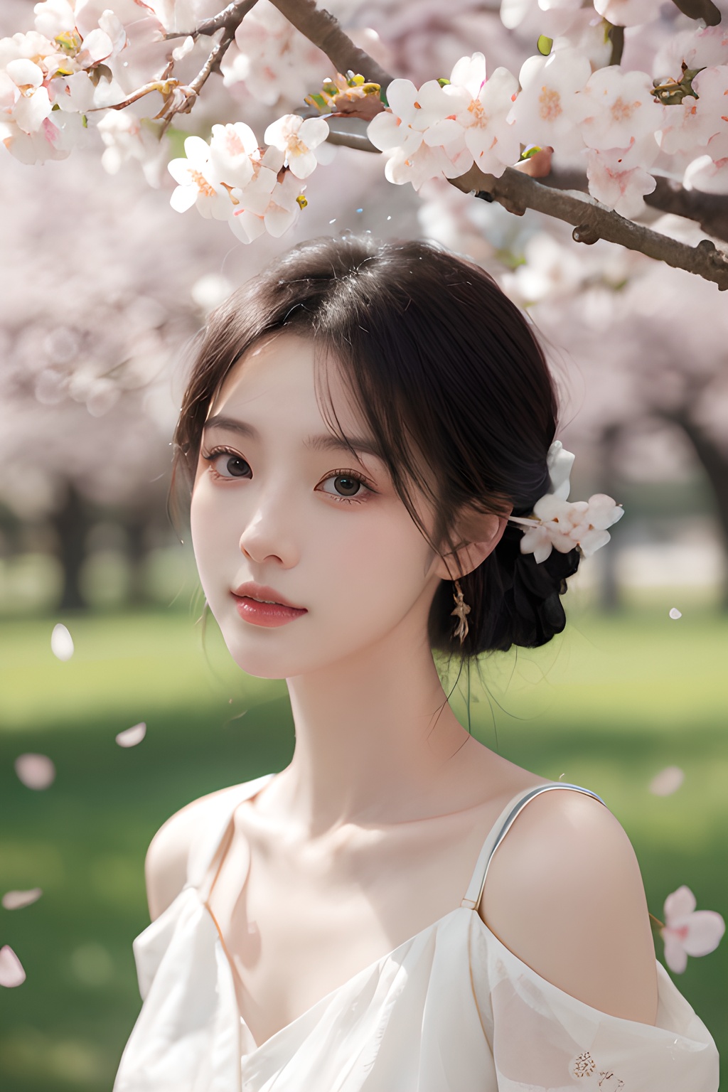 <lora:0810_01:0.7>,a girl with a dreamy expression,surrounded by floating cherry blossom petals in a soft breeze,springtime magic,gentle radiance.korean girl,black hair,, 1girl,realistic,masterpiece, best quality, photorealistic, HDR,detail