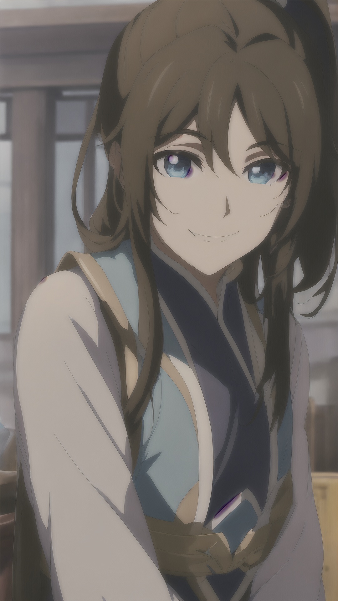 1boy,male focus,solo,long hair,blue eyes,brown hair,smile,ponytail,upper body,hair ornament,high ponytail,chinese clothes,<lora:boy baixiaochun_20240911193625:0.8>,