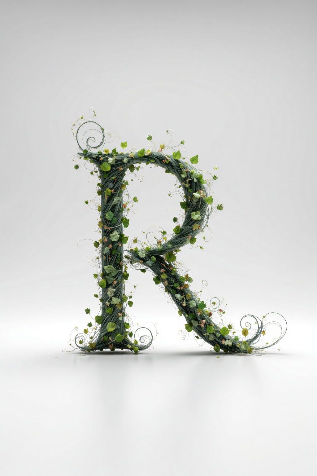 beijihui,3D icon design of letter 'R',**** of spiraling vines entwined with delicate green leaves and tendrils,hyperrealistic,hyperdetail,front view,studio lighting,100mm lens,white solid background,